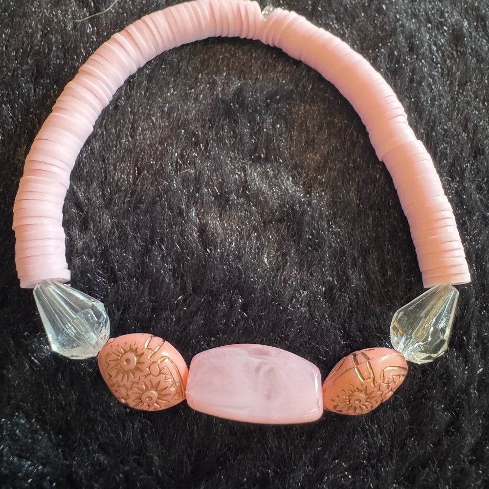 Pink and White Beaded Bracelet with Rose Quartz Center
